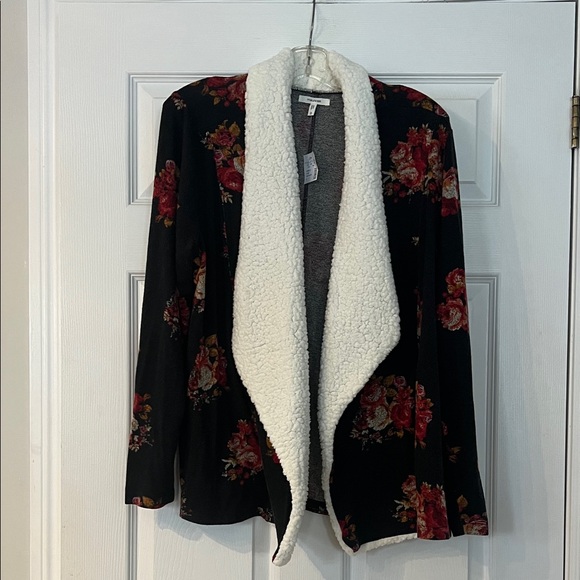 Maurices Sweaters - Maurices Black Floral Cardigan with White Sherpa